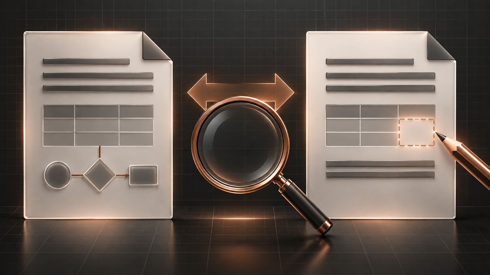 Original and converted documents are compared with a magnifier, highlighting a missing table cell for correction.