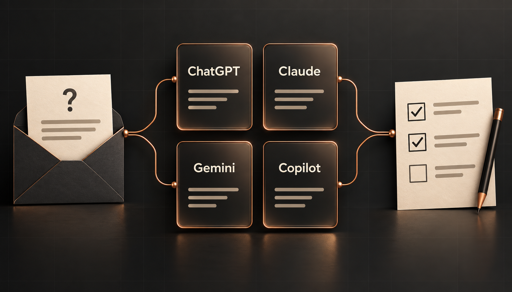 One customer enquiry beside four equally sized cards labelled ChatGPT, Claude, Gemini and Copilot, followed by a review checklist and pencil.