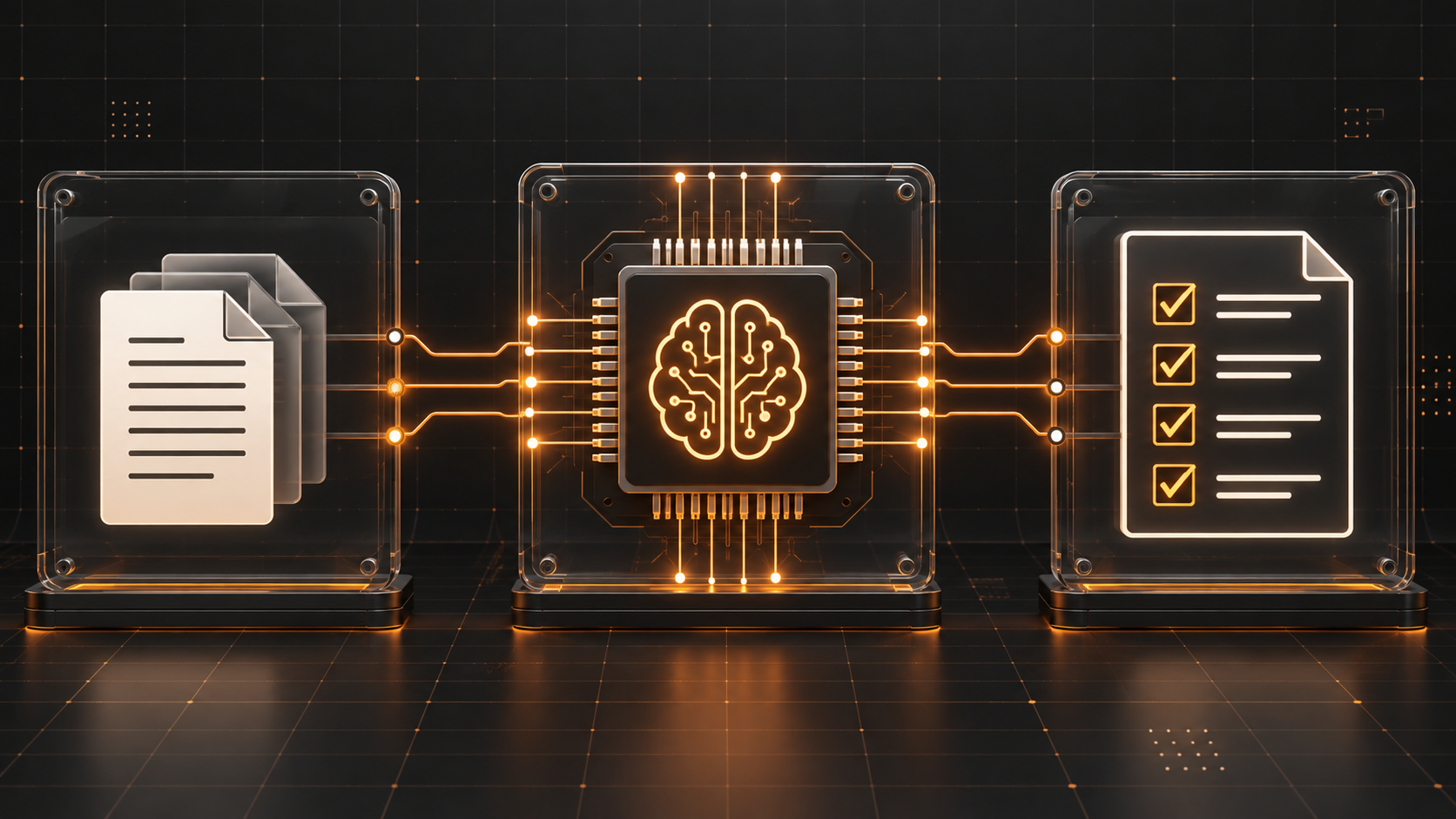 A document input connects through an AI processor to a checked task list, with copper circuit paths.